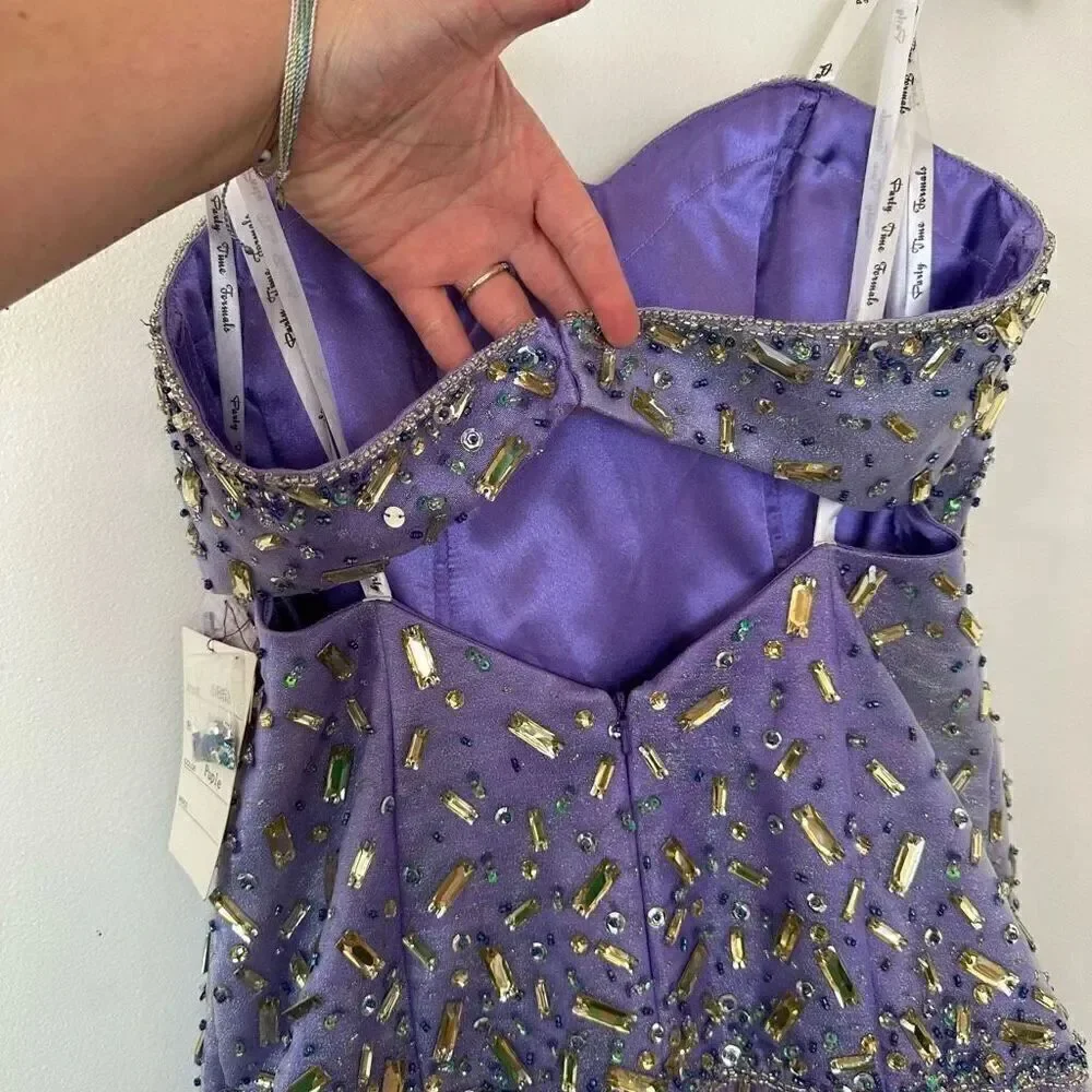 Party Time Formals Women’s Purple Iridescent All over Beaded Bodice Tulle Mini D